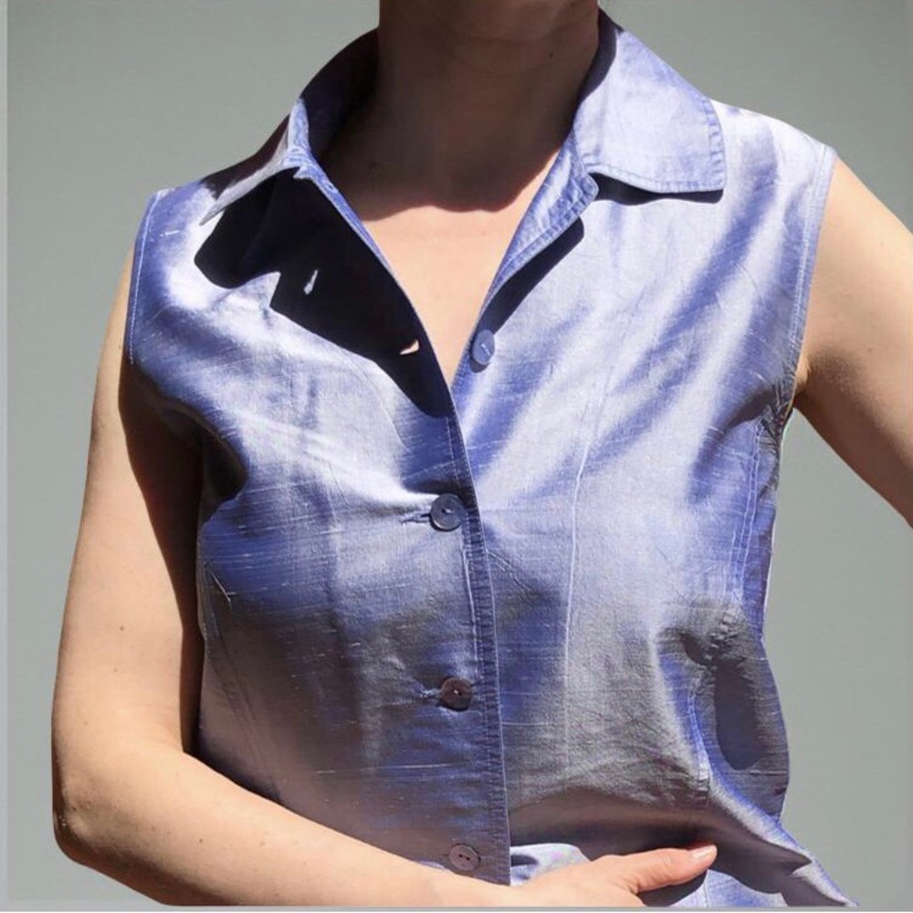 Dana Buchman Vintage 100% Shantung Silk Sleeveless Button Down Shirt Top Sz 8